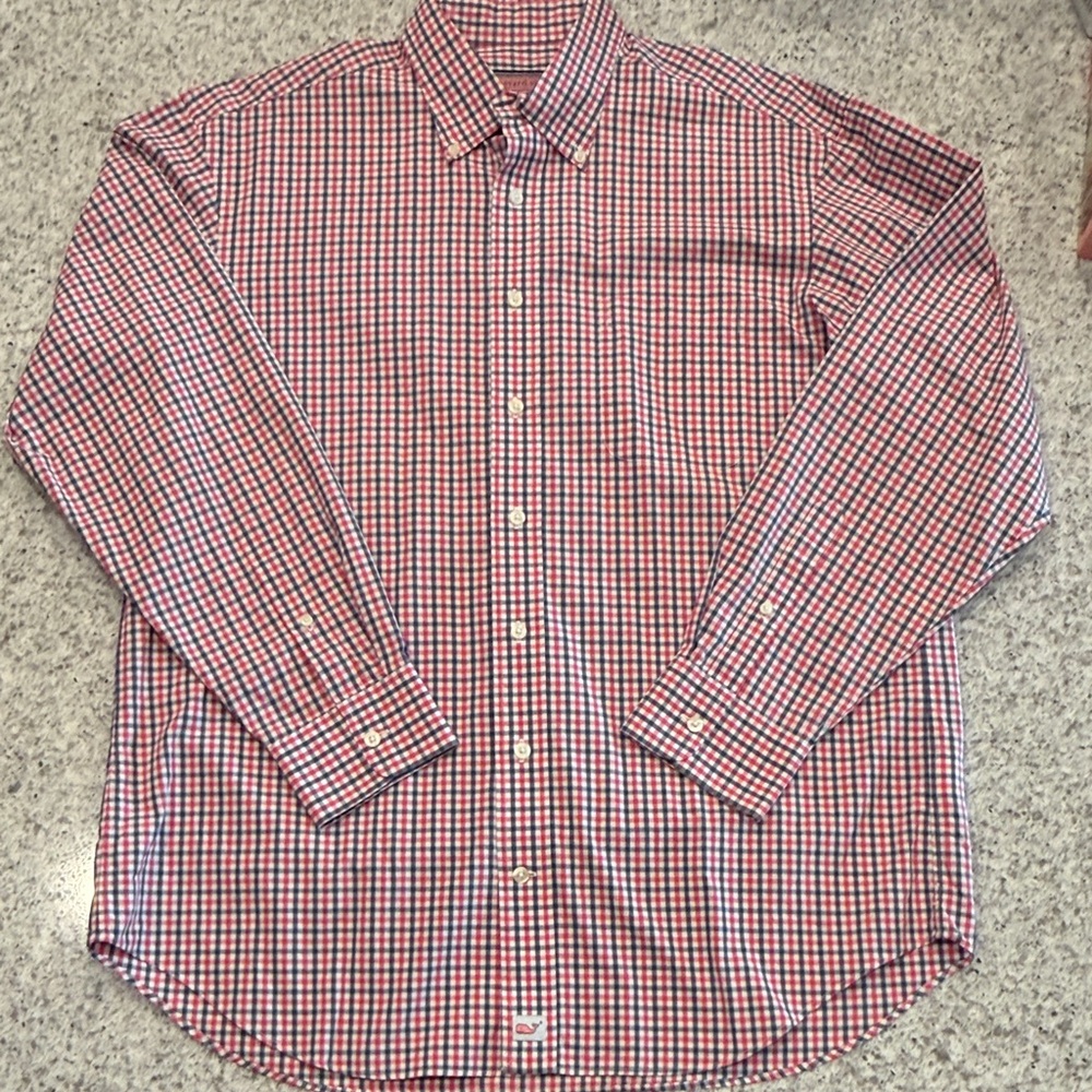 Vineyard Vines Red and Blue Checkered Murray Shirt Mens Large 100% Cotton